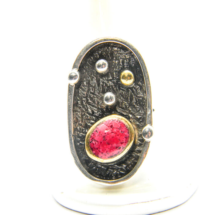 Inel vintage unicat din argint cu turcoaz rosu - stil Art Deco - i239Y10D - imagine 2