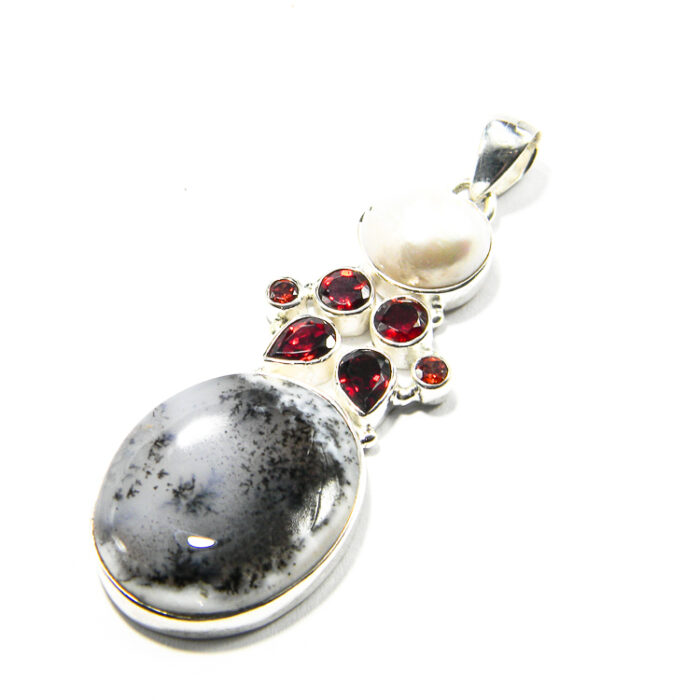 Pandantiv unicat din argint cu agat dendritic granate si perla Baroque - Pandantive argint vintage - P229Y73F - imagine 3