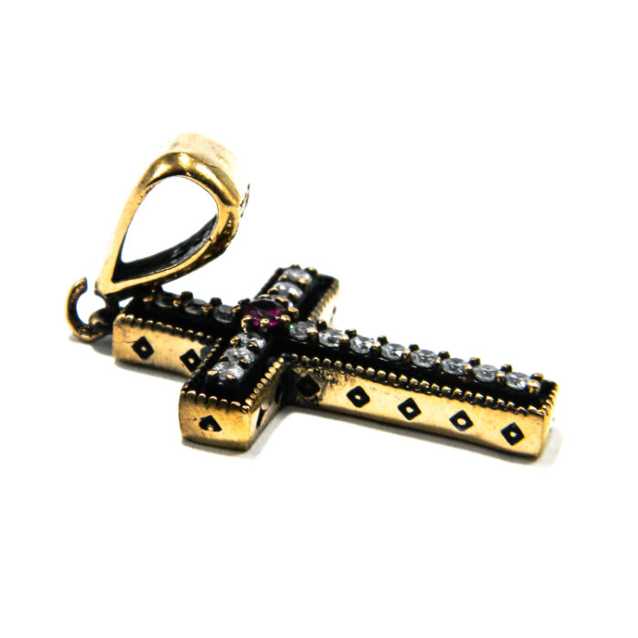 Cruciulita vintage din argint cu pietre zirconiu si rubin - Cruce latina - P085F15G - imagine 4