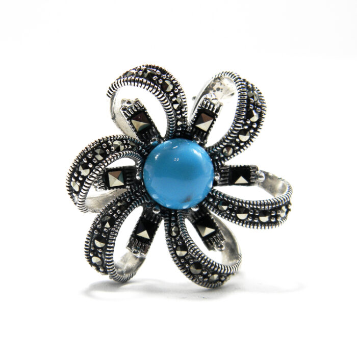 Brosa din argint cu marcasite si perle de Mallorca albastra - BR234Y11E-1 - imagine 3