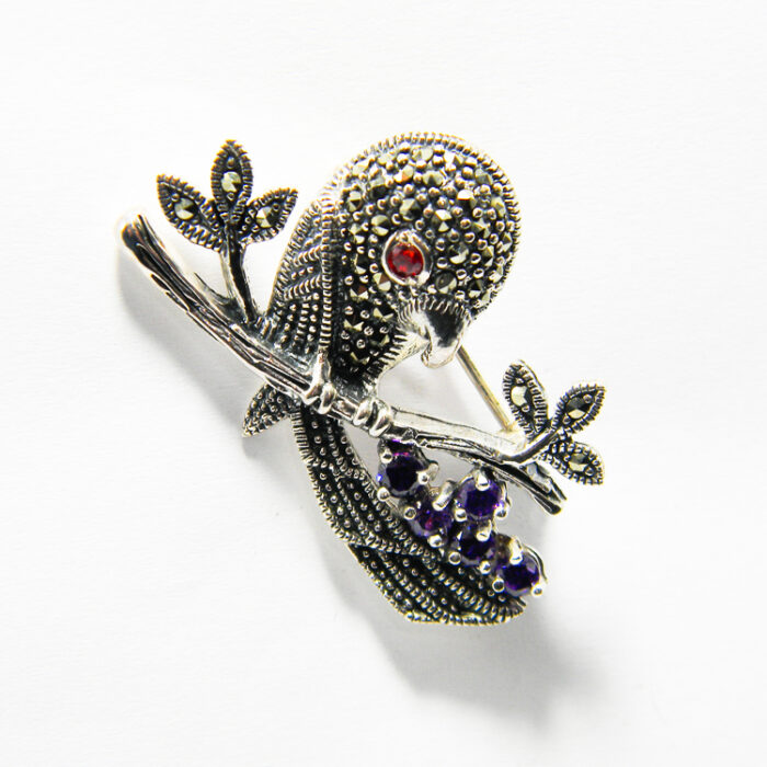 Brosa unicat din argint cu marcasite si ametist - Papagal - BR244Y13D-1 - imagine 4