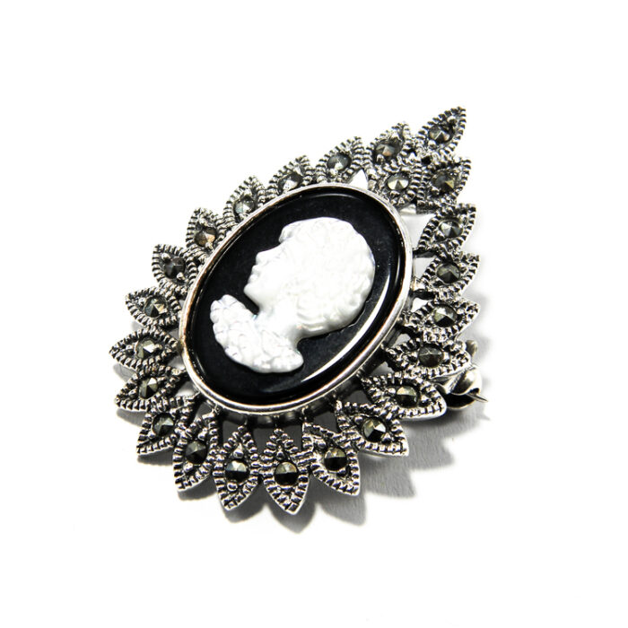 Brosa-pandantiv camee din argint cu sidef si marcasite - stil vintage - BR292Y4E - imagine 3