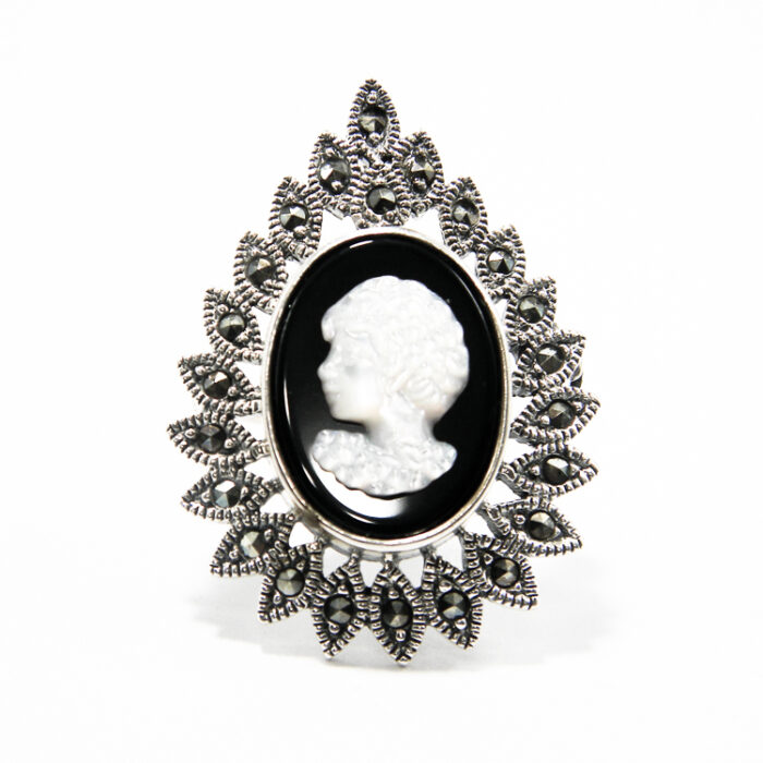 Brosa-pandantiv camee din argint cu sidef si marcasite - stil vintage - BR292Y4E - imagine 2