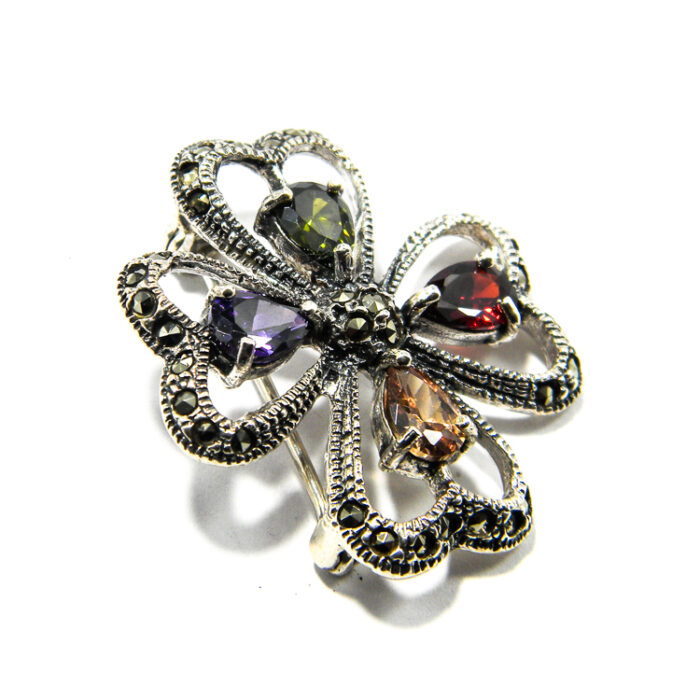 Brosa Floare din argint cu marcasite si pietre semipretioase - Brose argint vintage - BR185A3F - imagine 5