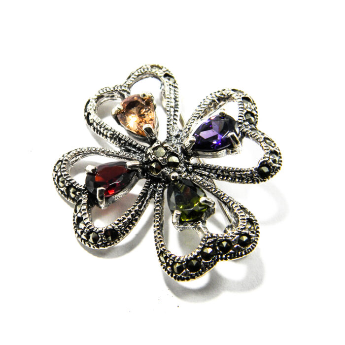 Brosa Floare din argint cu marcasite si pietre semipretioase - Brose argint vintage - BR185A3F - imagine 3