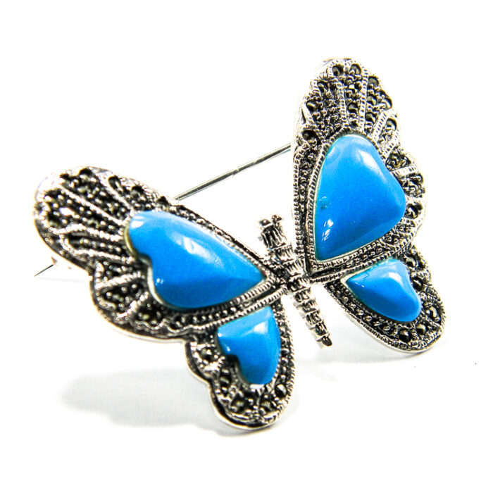 Brosa Fluture din argint cu marcasite si email albastru - BR185A7F - imagine 2