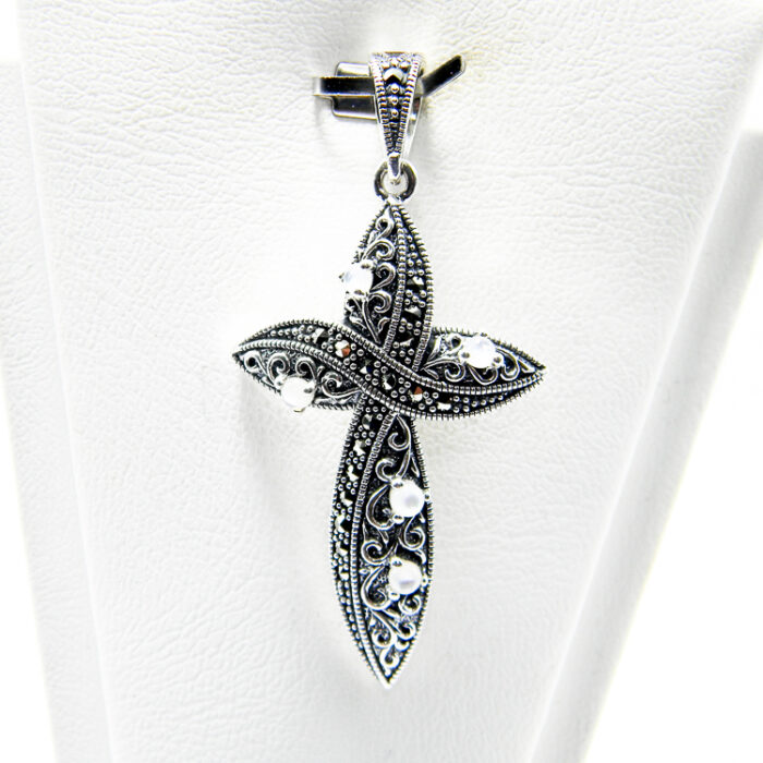 Pandantiv-cruciulita din argint cu marcasite si sidef - stil vintage - P273Y119G-1 - imagine 3