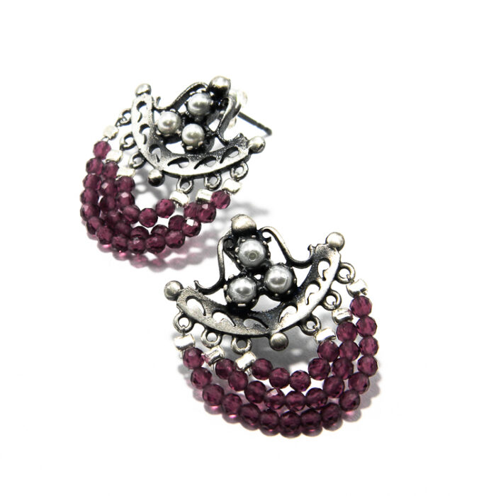 Cercei unicat handmade din argint cu perle si cristale violet - stil oriental - K190E52G - imagine 2
