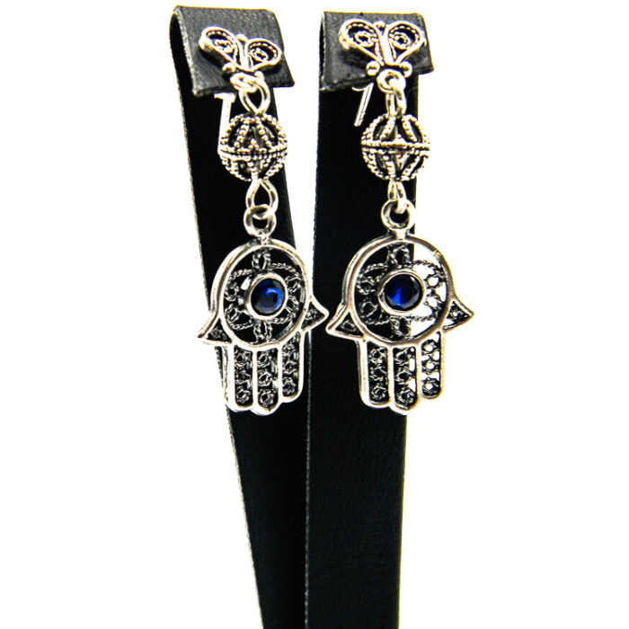 Cercei handmade unicat din argin cu safir - Hamsa - Mana Fatimei - HM0555CX - imagine 5