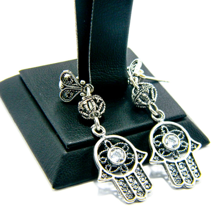Cercei handmade unicat din argint cu cristale albe - Hamsa - Mana Fatimei - HM0555D - imagine 3