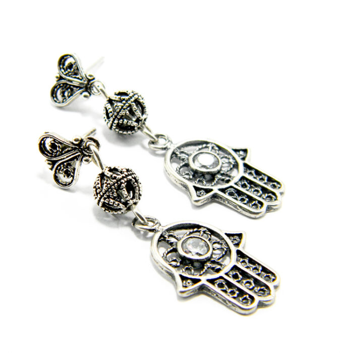 Cercei handmade unicat din argint cu cristale albe - Hamsa - Mana Fatimei - HM0555D - imagine 2