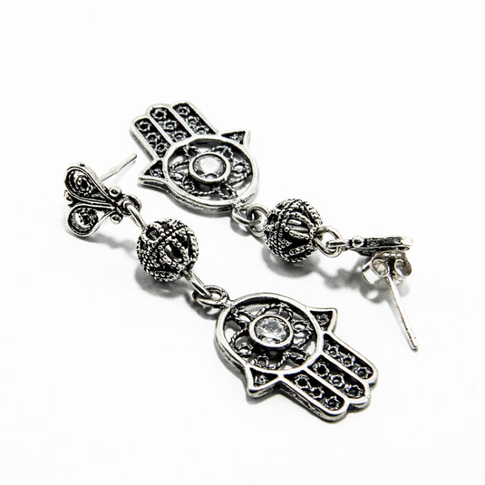 Cercei handmade unicat din argint cu cristale albe - Hamsa - Mana Fatimei - HM0555D - imagine 4