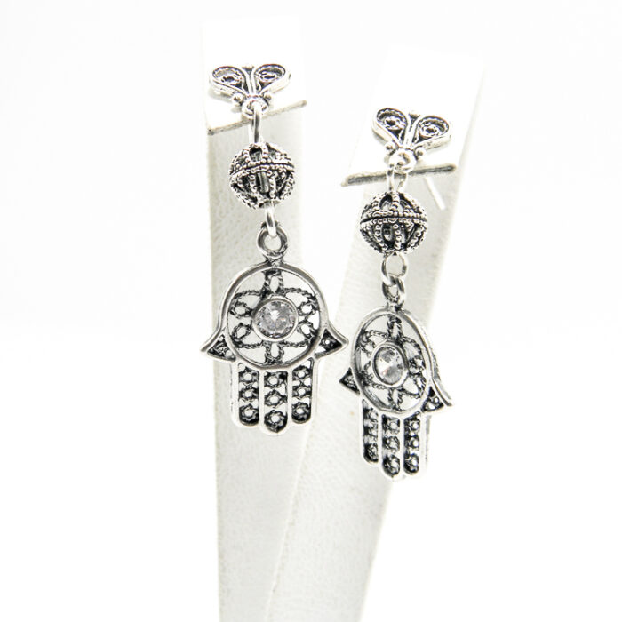 Cercei handmade unicat din argint cu cristale albe - Hamsa - Mana Fatimei - HM0555D - imagine 5