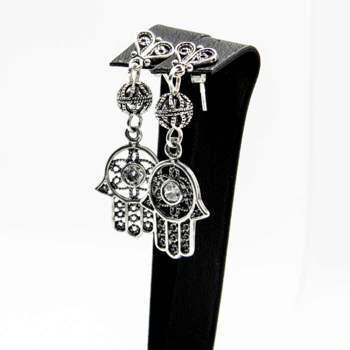 Cercei handmade unicat din argint cu cristale albe - Hamsa - Mana Fatimei - HM0555D - imagine 6