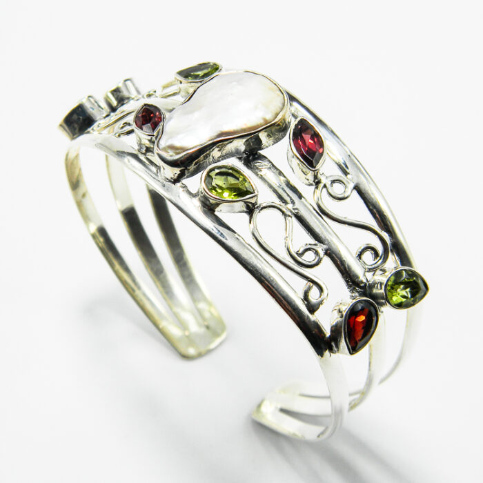 Bratara fixa din argint cu perla Baroque granat si peridot - Unicat - B240Y58DX - imagine 2