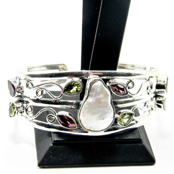 Bratara fixa din argint cu perla Baroque granat si peridot - Unicat - B240Y58DX - imagine 3