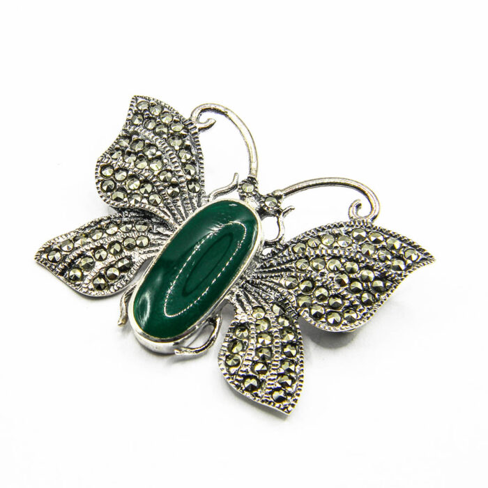 Brosa argint model Fltutre cu marcasite si nefrit - stil vintage - BR190A9G - imagine 3