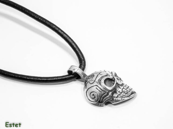 Colier din argint cu snur din piele - Craniu - HM0486 - imagine 2