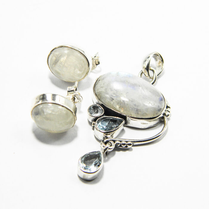 Set unicat din argint cu piatra lunii si topaz bleu - stil vintage Art Nouveau - S289Y20EX - imagine 3