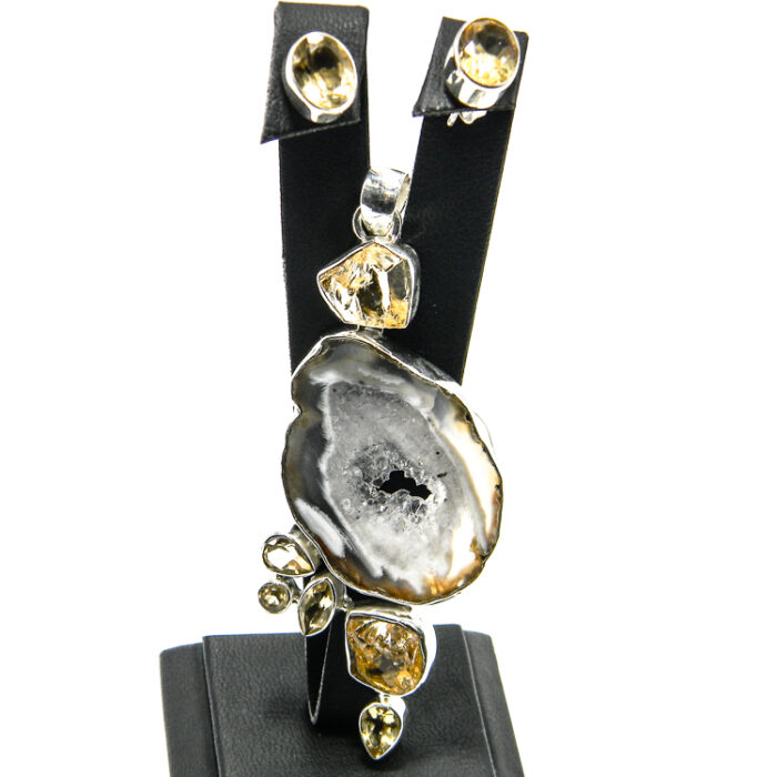 Set statement din argint cu geode de agat Druzy si citrin - Unicat - stil vintage - S229Y10FX - imagine 3