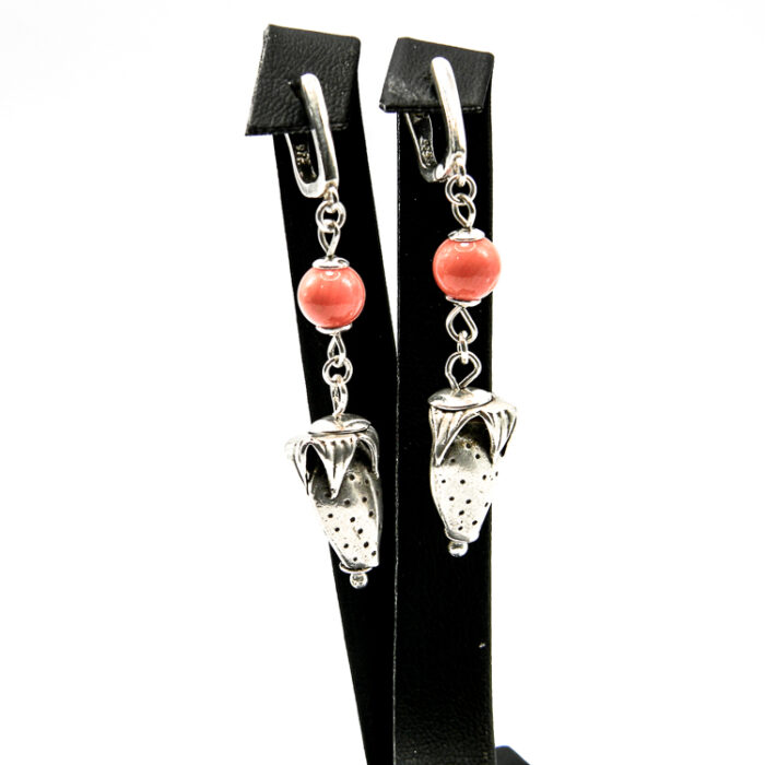 Cercei vintage handmade din argint cu coral - Capsuni - Unicat - K125HM113G - imagine 3