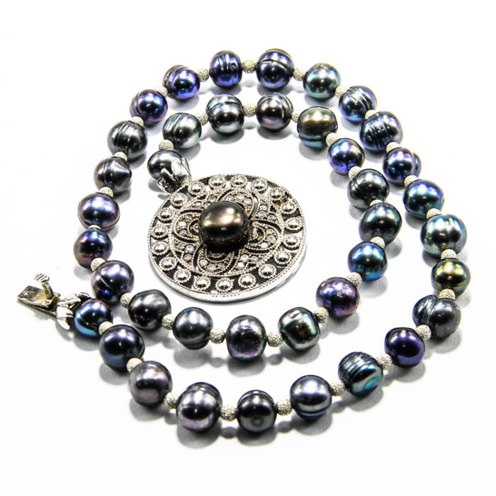 Colier statement handmade din argint si perle negre - stil vintage - HM0789 - imagine 3