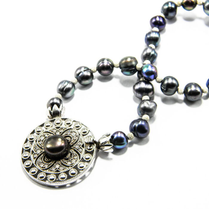 Colier statement handmade din argint si perle negre - stil vintage - HM0789 - imagine 5