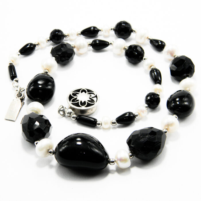 Colier vintage statement din argint cu onix negru si perle de cultura - Colier handmade unicat - HM0914X - imagine 2