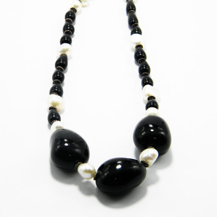 Colier unicat din argint cu obsidian onix si perle - Handmade - stil vintage - HM0572X - imagine 2