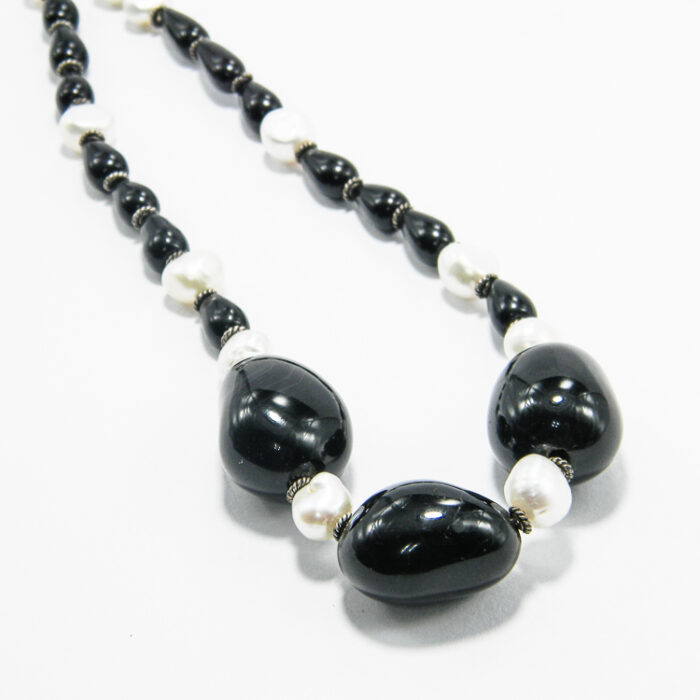 Colier unicat din argint cu obsidian onix si perle - Handmade - stil vintage - HM0572X - imagine 6