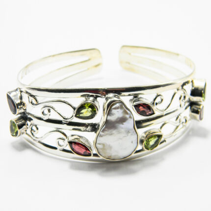 Bratara fixa din argint cu perla Baroque granat si peridot - Unicat - B240Y58DX