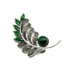 Brosa stil vintage din argint cu marcasite si nefrit - Frunza - BR245Y21G