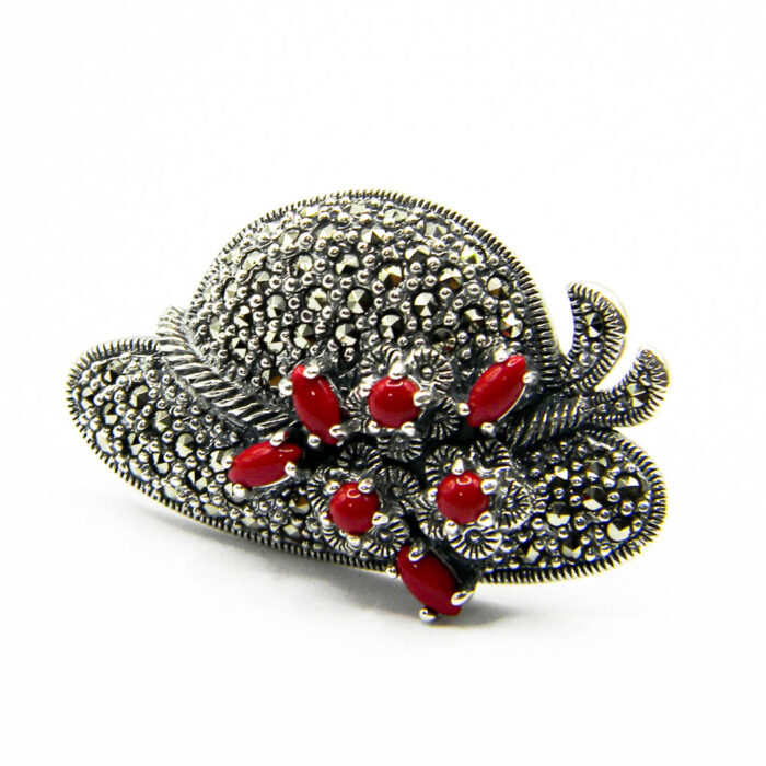 Brosa-pandantiv vintage - Mary Poppins - Argint cu marcasite si coral - Unicat - BR273Y13G - imagine 2