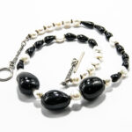 Colier unicat din argint cu obsidian onix si perle - Handmade - stil vintage - HM0572X