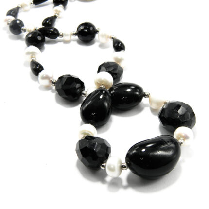 Colier vintage statement din argint cu onix negru si perle de cultura - Colier handmade unicat - HM0914X