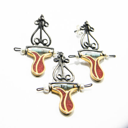 set unicat handmade din argint cu coral si turcoaz stil oriental