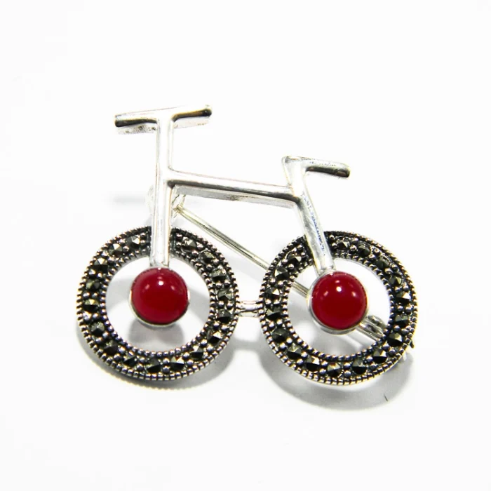 Brosa Bicicleta retro din argint cu marcasite si coral-  BR248Y6H-1 - imagine 2