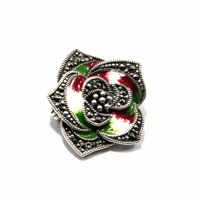 Brosa Art Nouveau din argint cu marcasite si email