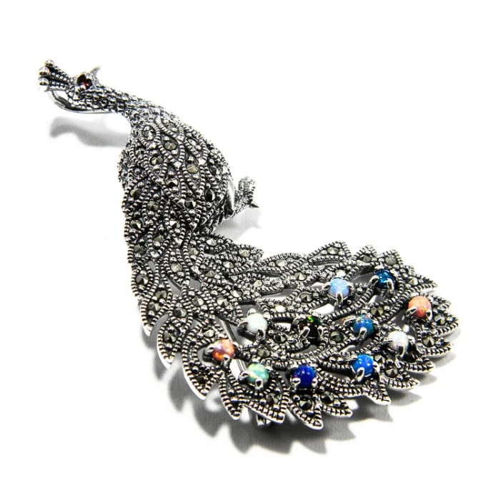 Brosa statement Paun din argint cu marcasite - BR51TY2H - imagine 3