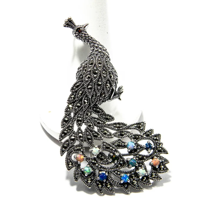 Brosa statement Paun din argint cu marcasite - BR51TY2H - imagine 4