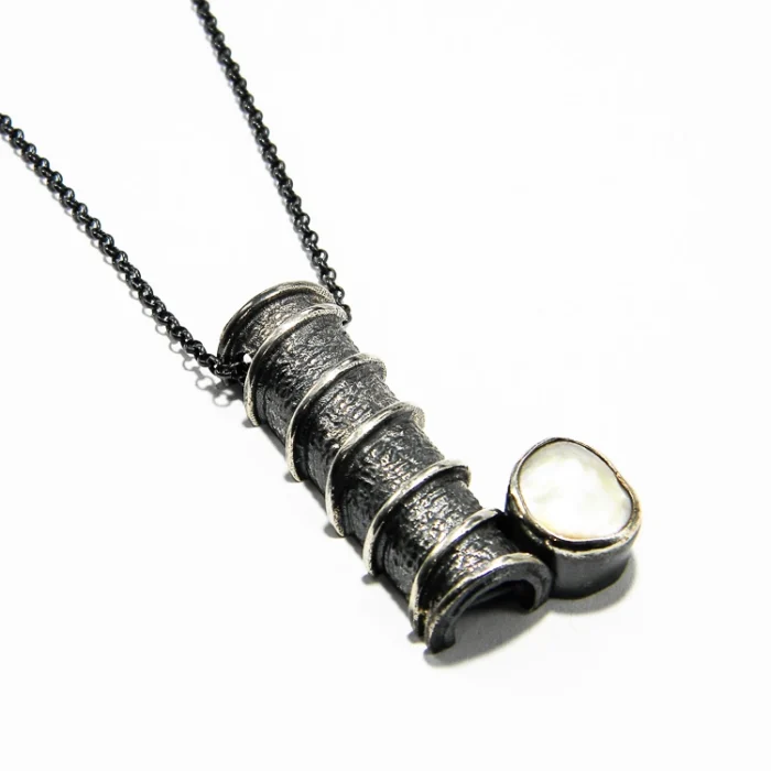 Colier lung din argint antichizat cu perlă, Unicat - CL225F23H - imagine 2