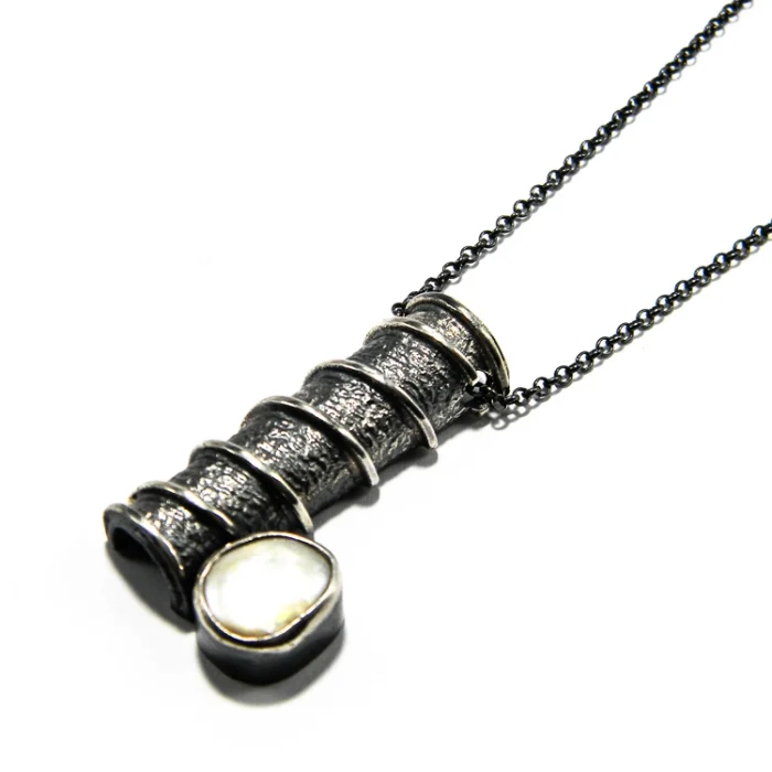 Colier lung din argint antichizat cu perlă, Unicat - CL225F23H - imagine 4