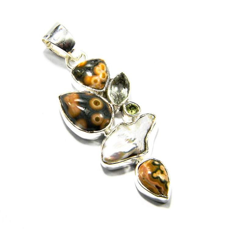 Pandantiv statement din argint cu jasp Ocean și perlă Baroc