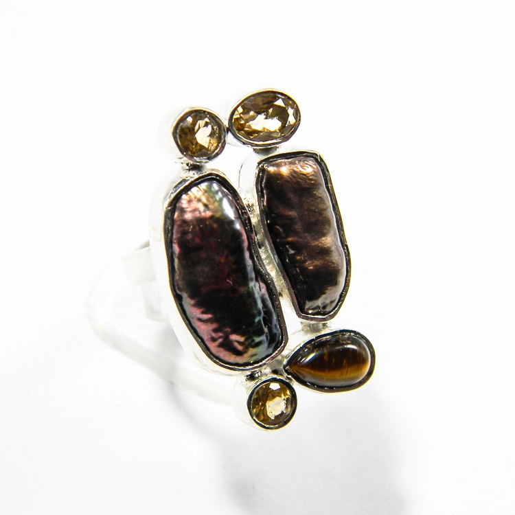 Inel reglabil din argint cu perla Baroc si citrin