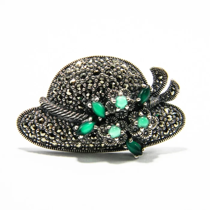 Brosa Palarie din argint cu marcasite si jad - BR292Y31H - imagine 2