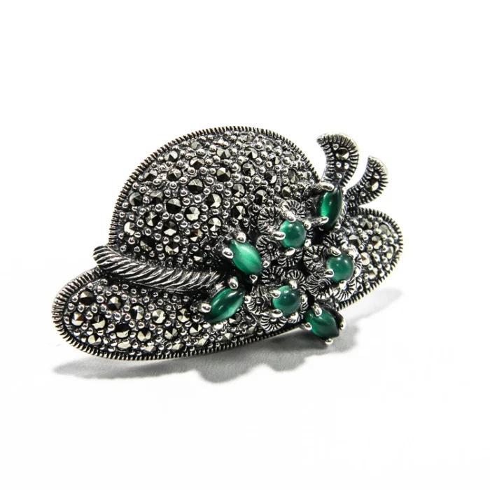 Brosa Palarie din argint cu marcasite si jad - BR292Y31H - imagine 4
