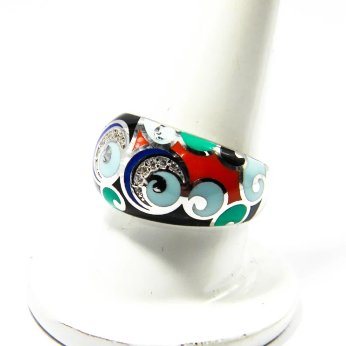 Inel contemporan din argint emailat cu zirconiu, culori pastel