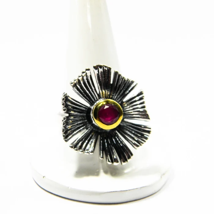 Inel vintage din argint cu rubin de sintaza - model floral - i205K74H - imagine 2