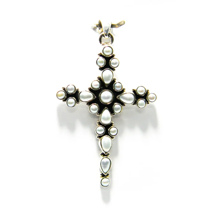 Cruciulita unicat din argint perle albe - Pandantiv statement unisex - P284Y22H - imagine 5