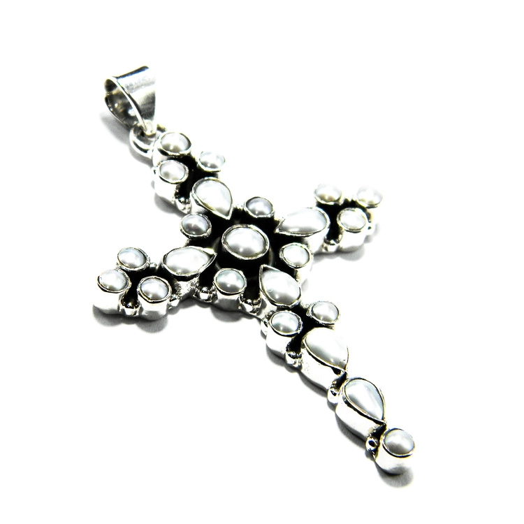 Cruciulita unicat din argint cu perle albe - Pandantiv statement unisex - P284Y22H